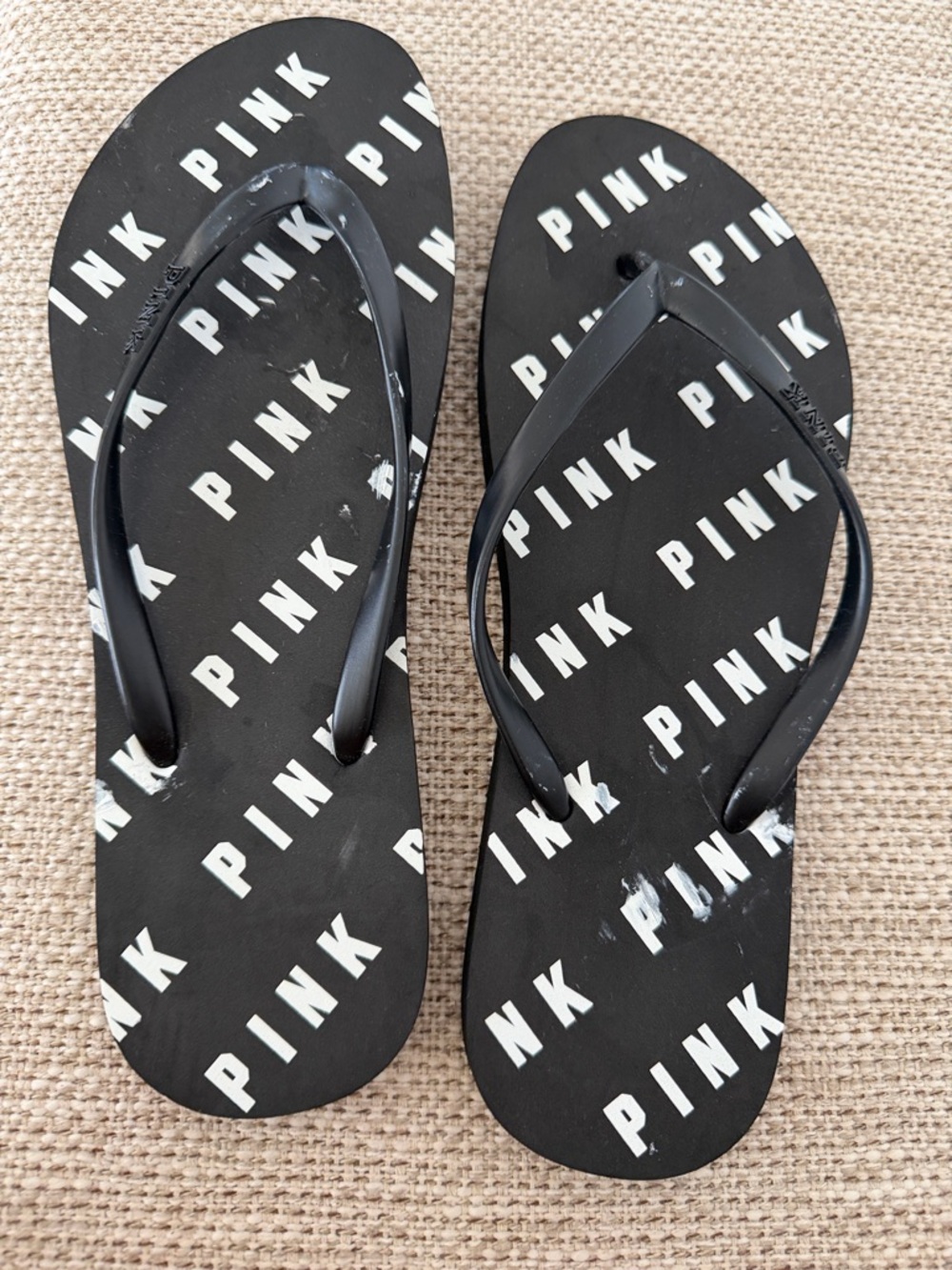 PINK Black Embossed Logo Flip Flops